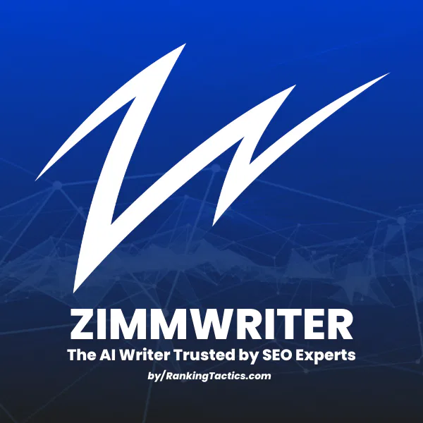 Logo for Zimmwriter with a stylized W and the tagline The AI Writer Trusted by SEO Experts on a blue background with network lines