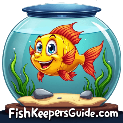 A cartoon-style, smiling goldfish swims in a clear fishbowl with plants and rocks. The text 