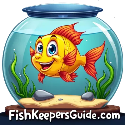 A cartoon-style, smiling goldfish swims in a clear fishbowl with plants and rocks. The text 