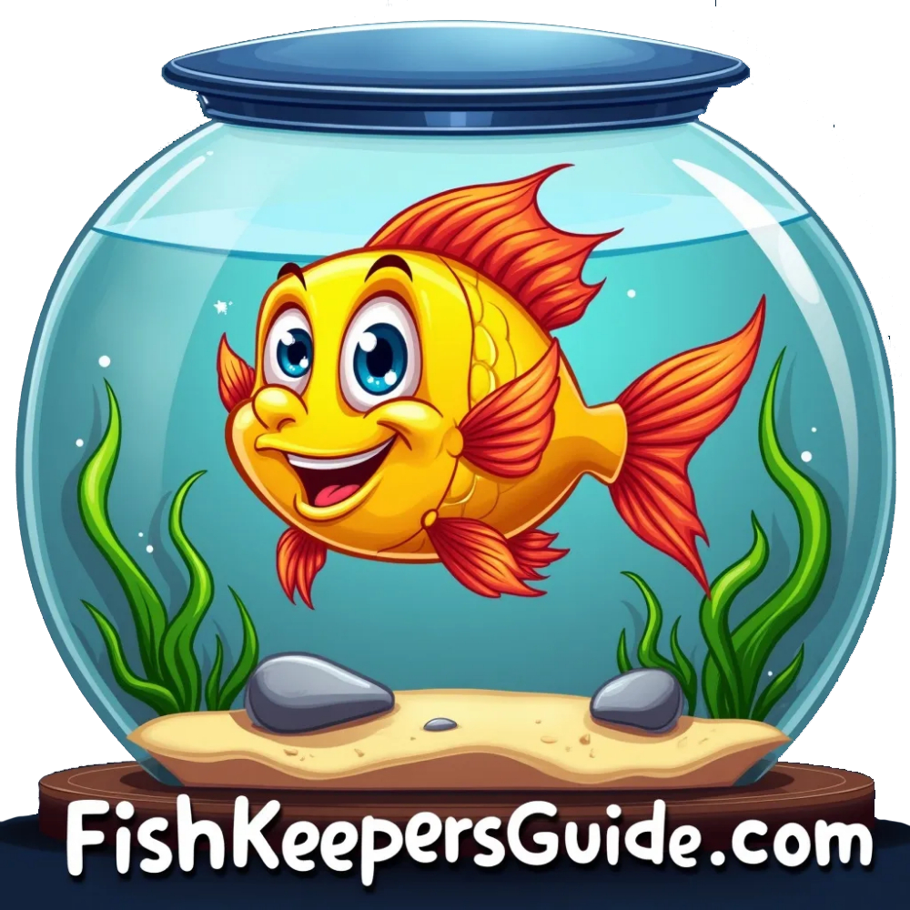 A cartoon-style, smiling goldfish swims in a clear fishbowl with plants and rocks. The text "FishKeepersGuide.com" is displayed at the bottom.